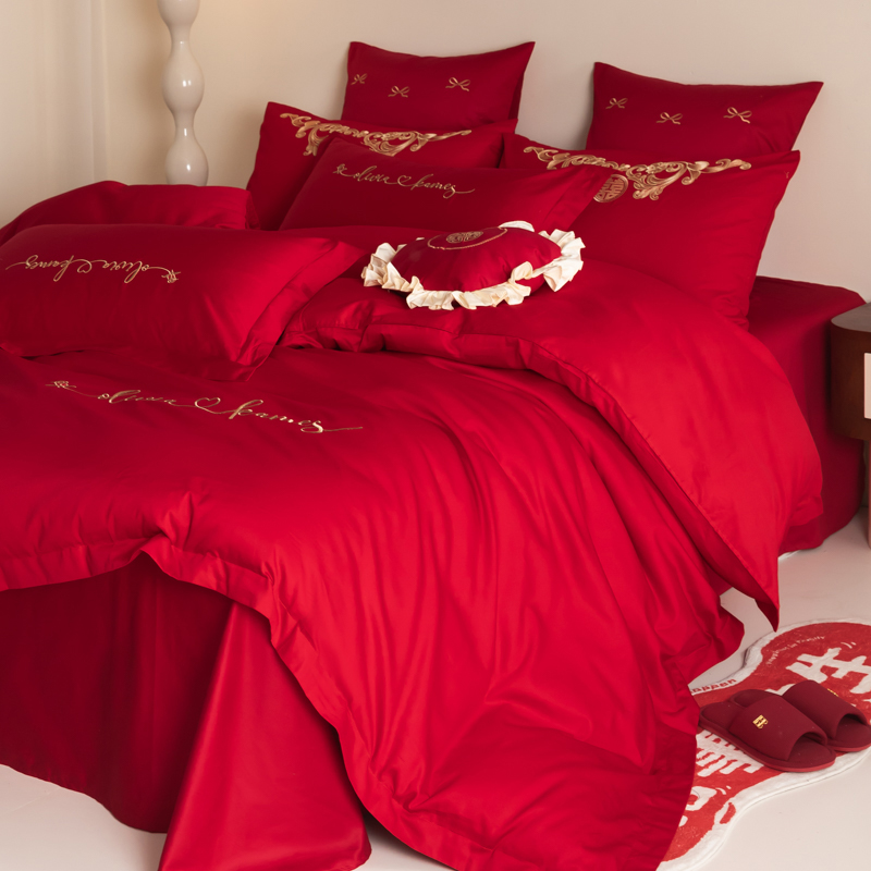 新中式长绒棉结婚四件套红色床单纯棉全棉被套婚房陪嫁喜被床笠款