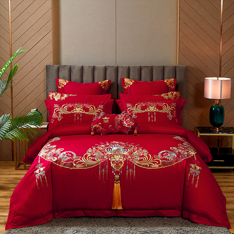 中式婚庆四件套大红色全棉结婚床上用品新婚喜被套件纯棉绣花床品
