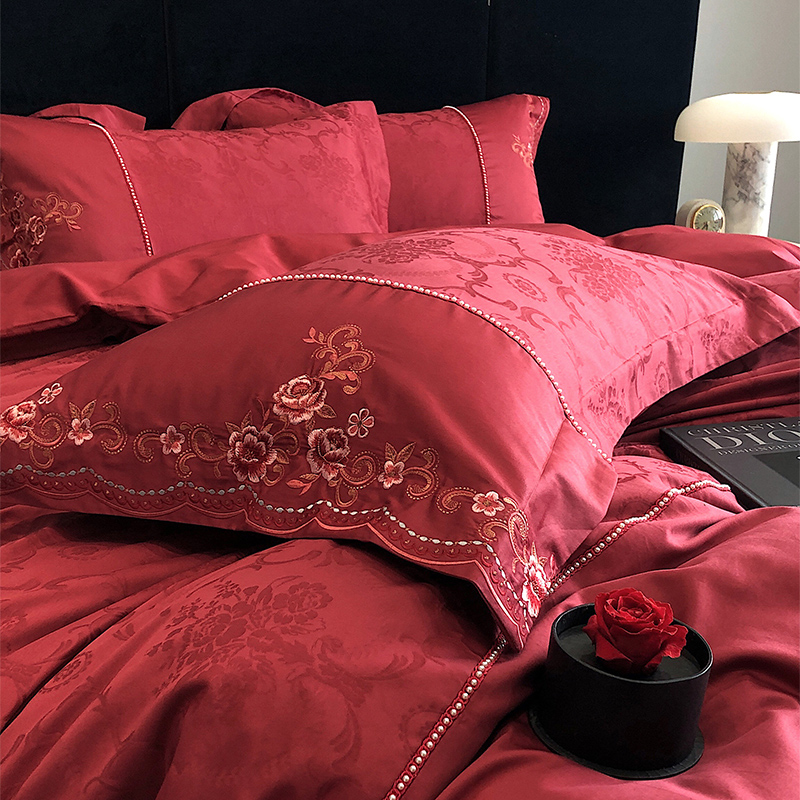 简约中式提花婚庆四件套全棉100支刺绣红色结婚被套床单床上用品