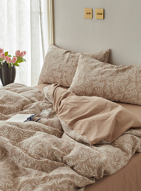 恒洽家纺全棉纯棉床单款四件套日式复古森系色织提花被套床上用品
