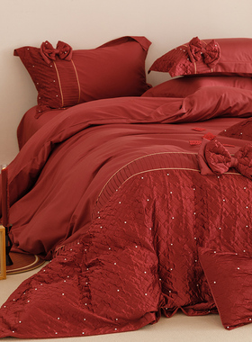 简约婚庆床品四件套全棉立体蝴蝶结绣花红色结婚被套床单床上用品