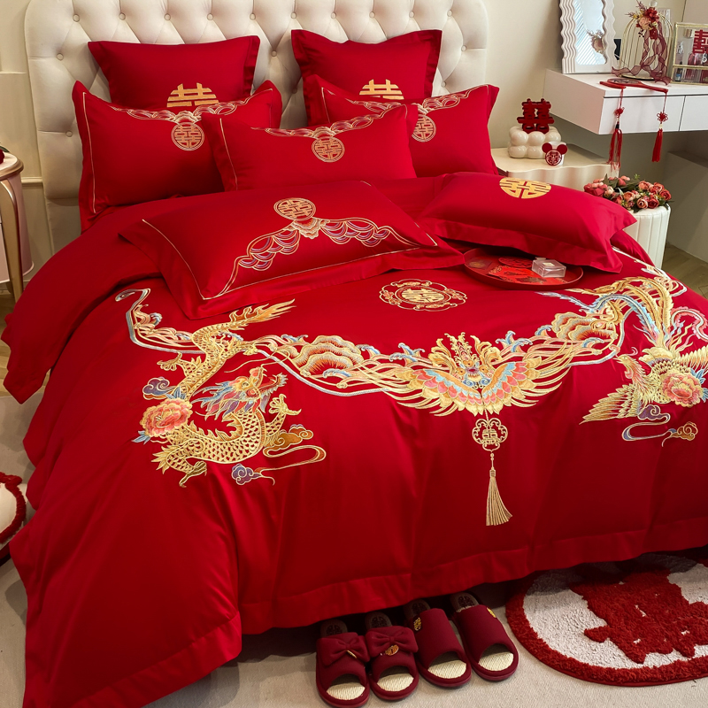 高档中式龙凤刺绣结婚四件套大红色床单被套纯棉陪嫁婚庆床上用品