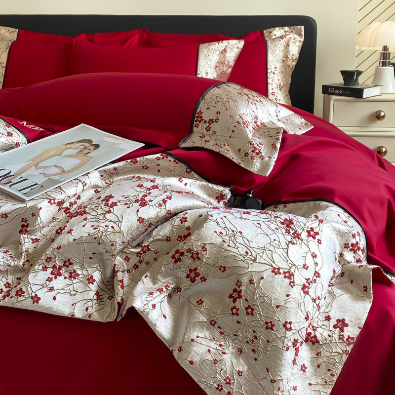 法式浪漫长绒棉纯棉婚庆四件套红色床单被套结婚床上用品婚房喜被