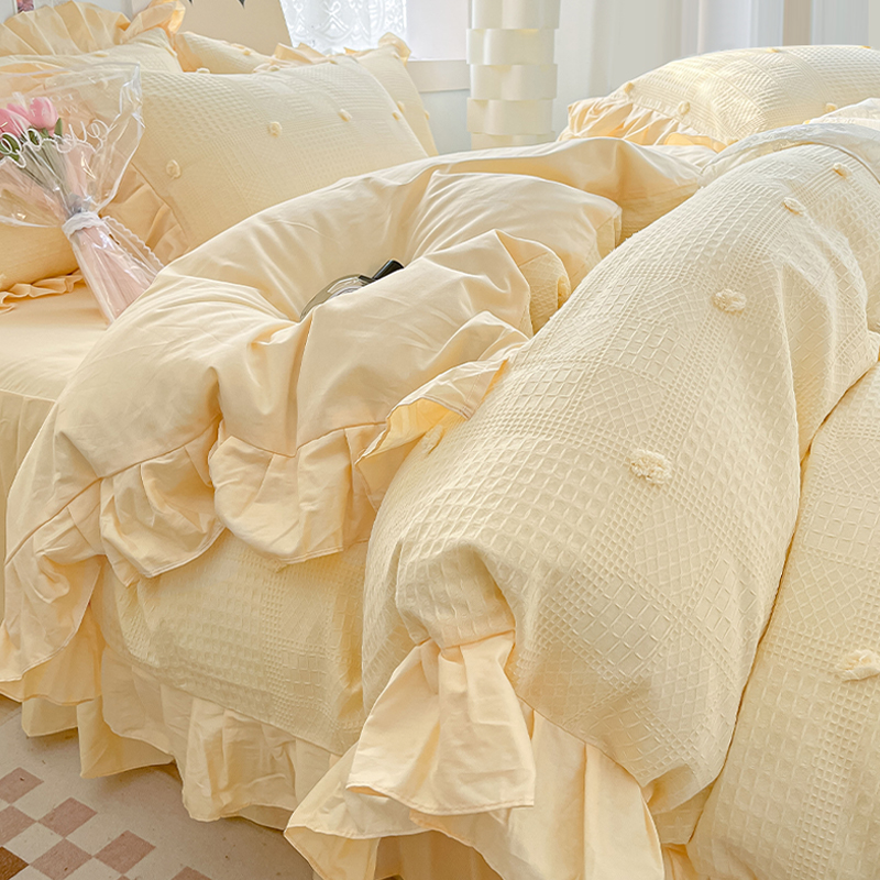 韩版华夫格床单四件套纯棉全棉被套宿舍单人床上三件套被罩床裙款
