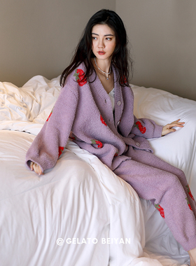 贝妍秋冬季女士珊瑚绒睡衣性感甜美草莓少女保暖半边绒家居服套装
