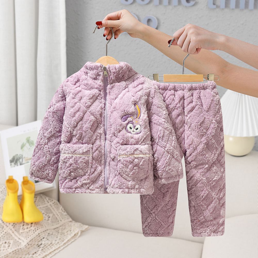 秋冬季儿童睡衣女童法兰绒珊瑚绒三层夹棉加厚家居服棉衣拉链套装