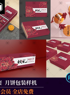 中国风礼盒手提袋食品月饼包装样机VI智能贴图效果展示PSD模板