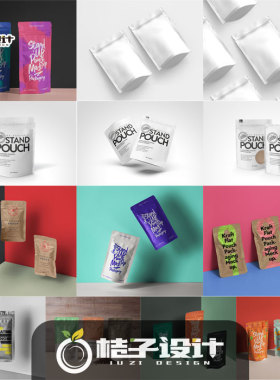自立密封食品零食干果塑料包装袋设计展示效果PS样机智能贴图素材