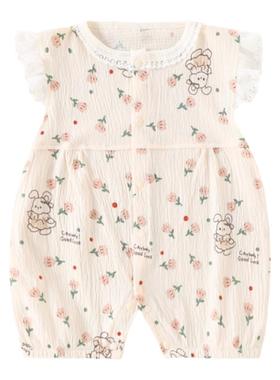 婴儿夏装连体衣薄款韩版女童碎花爬服短袖6月3宝宝哈衣可爱衣服