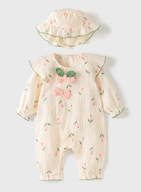婴儿夏季纯棉纱布连体衣满月宝宝超可爱棉纱女长袖长爬哈衣空调服
