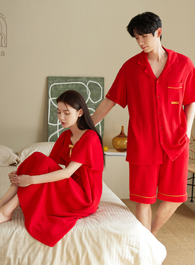 妮狄娅2024情侣睡衣女夏季纯棉睡裙结婚红色男时尚喜庆家居服套装