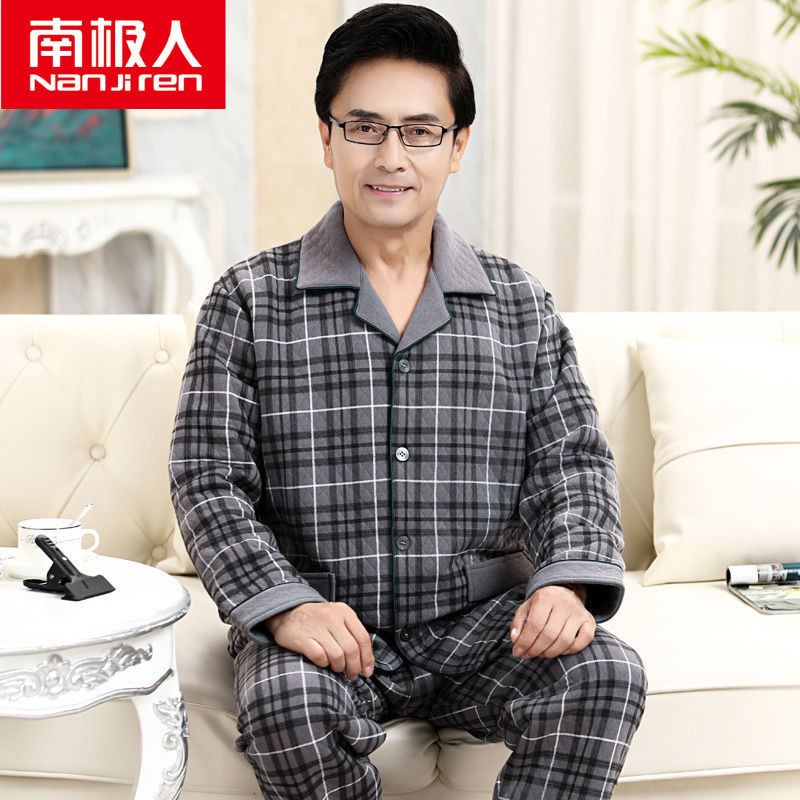 空气棉睡衣男士秋冬季100%纯棉中老年人夹层家居服春秋款加厚套装