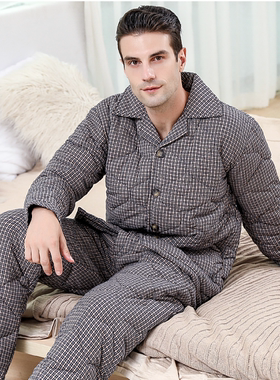 男士睡衣冬季全棉格子加厚三层夹棉套装中老年保暖纯棉大码家居服