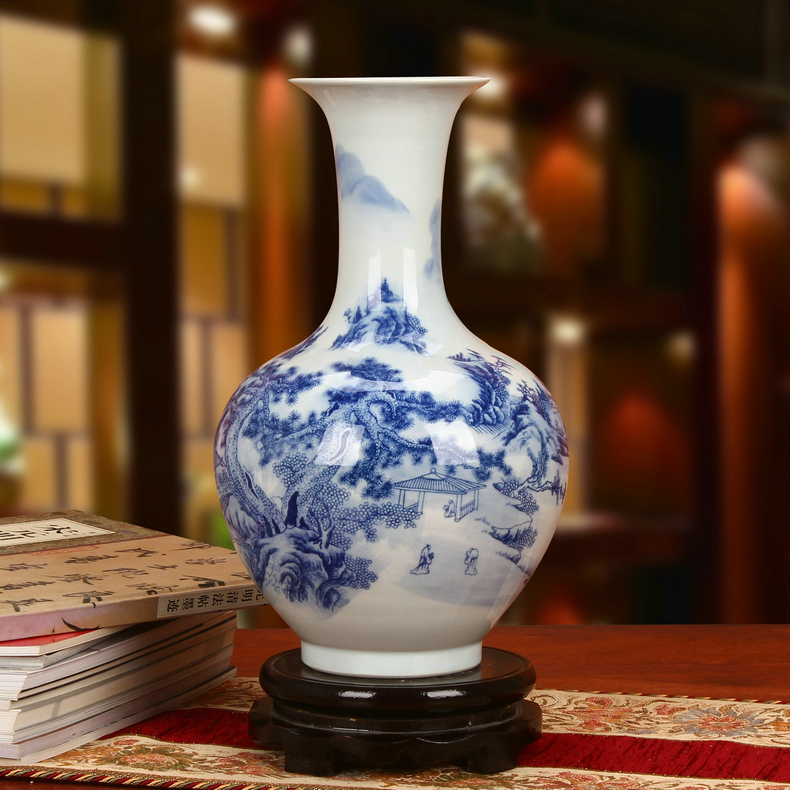 景德镇陶瓷器 古典山水青花瓷花瓶 现代中式家居工艺摆件装饰品