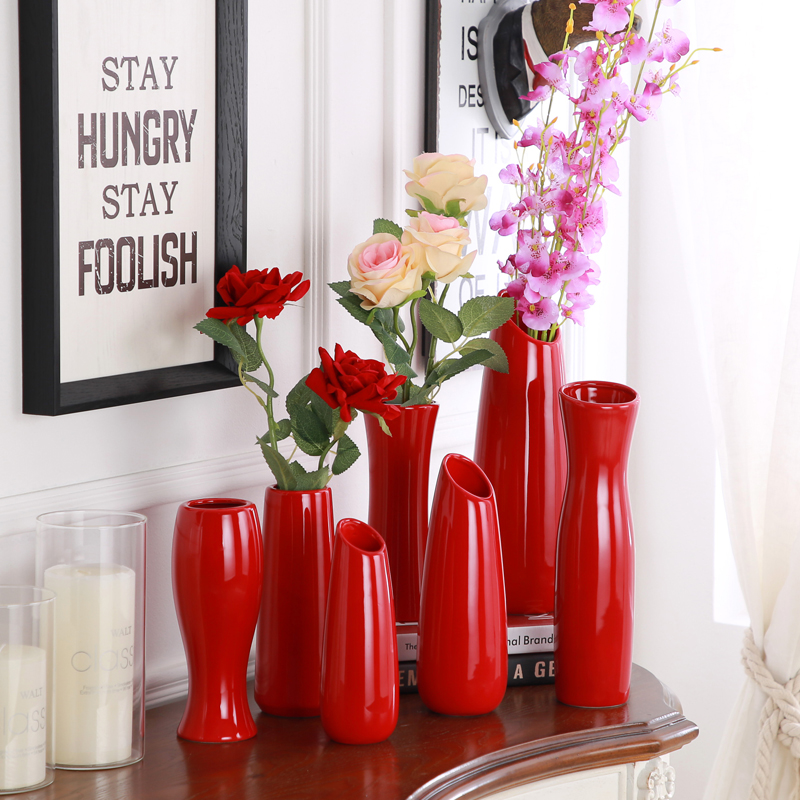 北欧陶瓷红色花瓶新婚喜庆摆件客厅玄关餐桌简约家居装饰插花花器