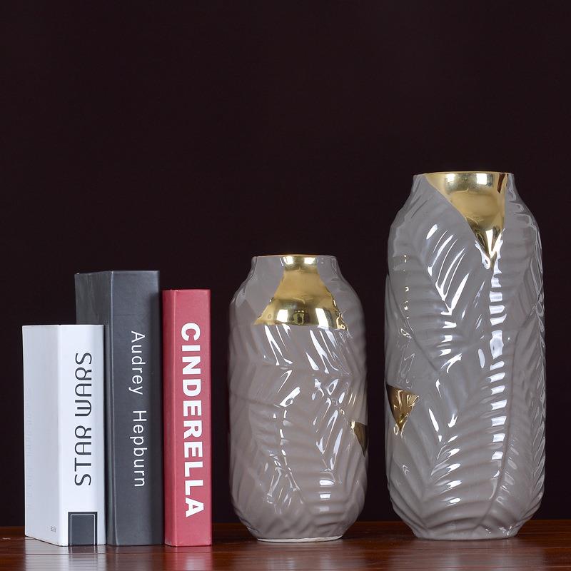 简约现代欧美风格陶瓷花瓶镀金树叶两件套花器家居摆件客厅工艺品