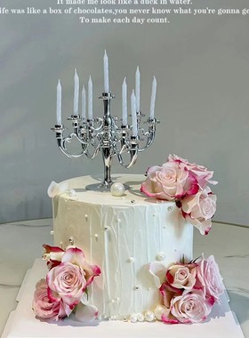 520情人节蛋糕装饰母亲节复古烛台蜡烛摆件珍珠蝴蝶结皇冠插件