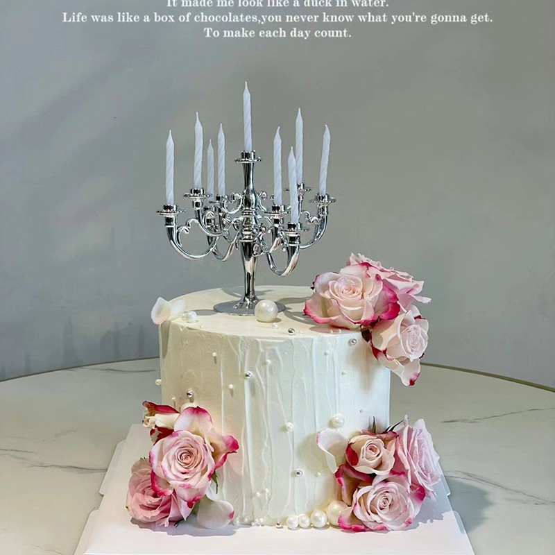 520情人节蛋糕装饰母亲节复古烛台蜡烛摆件珍珠蝴蝶结皇冠插件