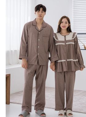 韩国进口carina正品 秋冬款磨棉蕾丝棕色男女长袖睡衣/家居服套装