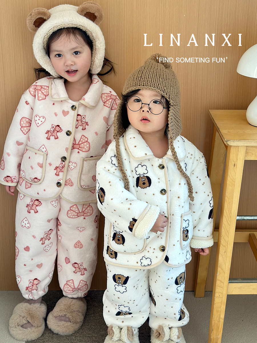 韩国儿童双面绒睡衣套装秋冬款保暖男女童加绒加厚宝宝家居服卡通