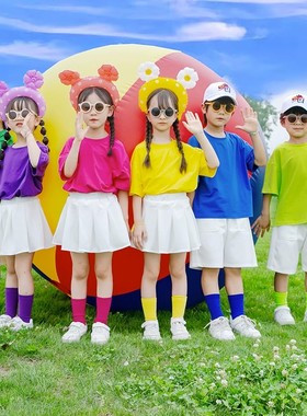 儿童纯棉男女糖果色彩色短袖t恤小学生幼儿园亲子装班服体恤衫