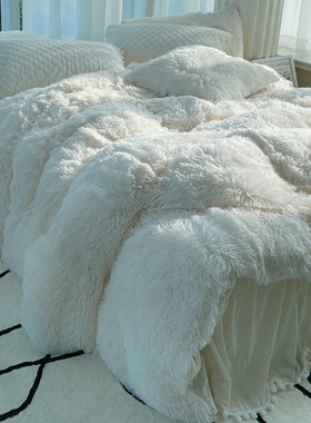 冬季加厚保暖水貂绒床上四件套珊瑚法兰毛绒加绒被套牛奶绒床裙式