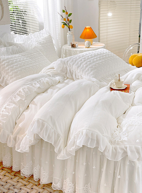公主风白色四件套床裙款高级感牛奶绒加厚被套夹棉床单珊瑚绒冬季