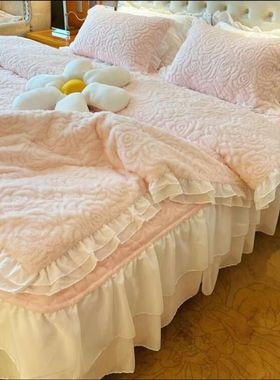 冬季夹棉床裙兔兔绒四件套法式公主风加厚床罩轻奢牛奶绒保暖被套