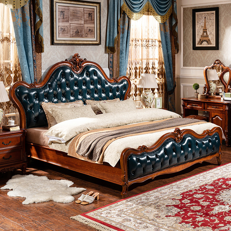 高端美式别墅真皮床主卧奢华实木床欧式双人大床卧室家具套装组合