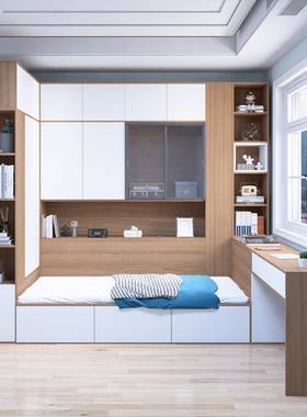书桌侧柜一体床带储物空间小户型单人床1米2衣柜床卧室套装组合