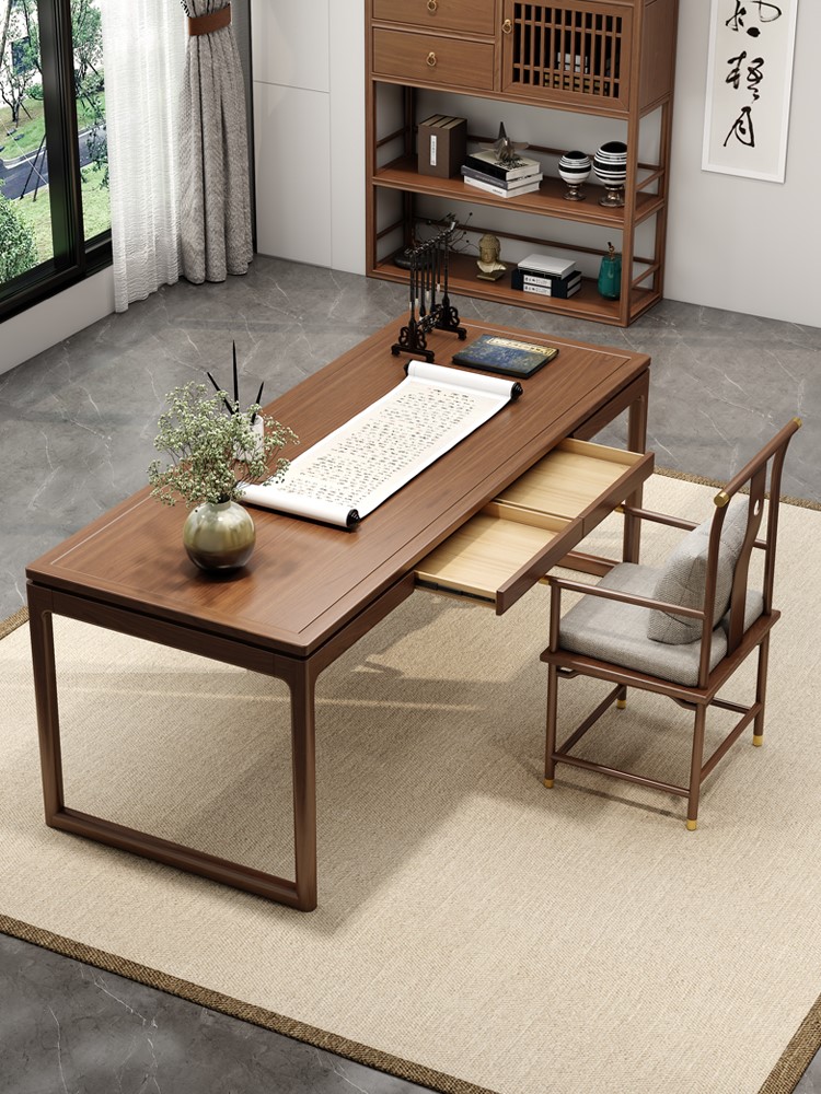 新中式实木书桌书法桌家用卧室榆木书画桌胡桃木书房家具套装组合