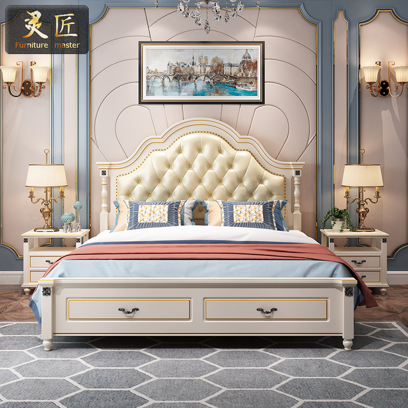 美式床 卧室六件套小美风格双人床白色简约高箱婚床家具套装组合