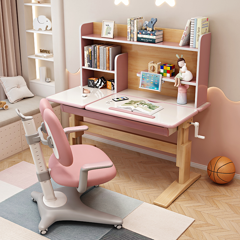 儿童学习桌椅套装可升降实木书桌书架组合一体家用卧室学生写字桌
