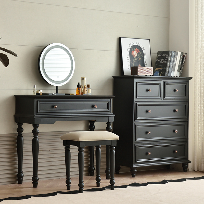 实木美式斗柜化妆桌组合一体梳妆台复古黑色现代简约小户型主卧室