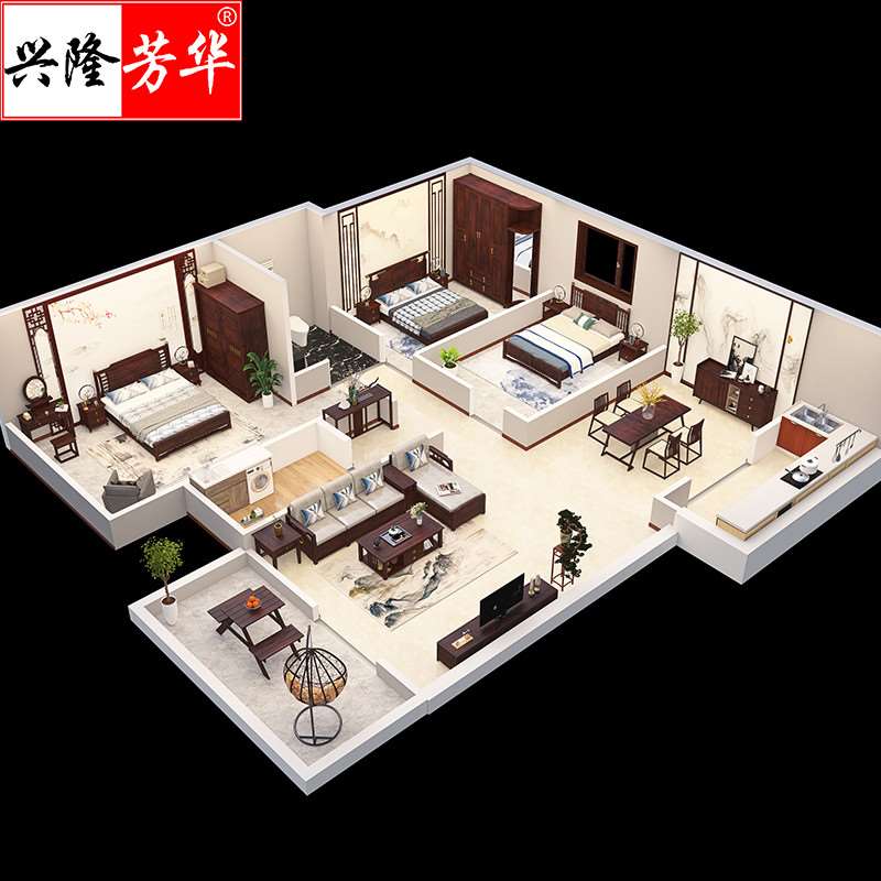 新中式全屋定制配套家具卧室客厅餐厅组合现代简约实木床餐桌衣柜