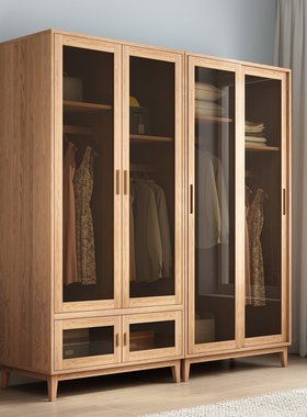 全实木橡木衣柜玻璃推拉门现代简约卧室轻奢开门组合收纳家具北欧