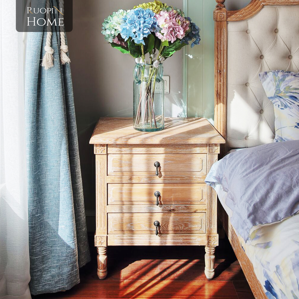 复古中古轻奢法式床头柜简约现代美式乡村卧室收纳柜全实木储物柜