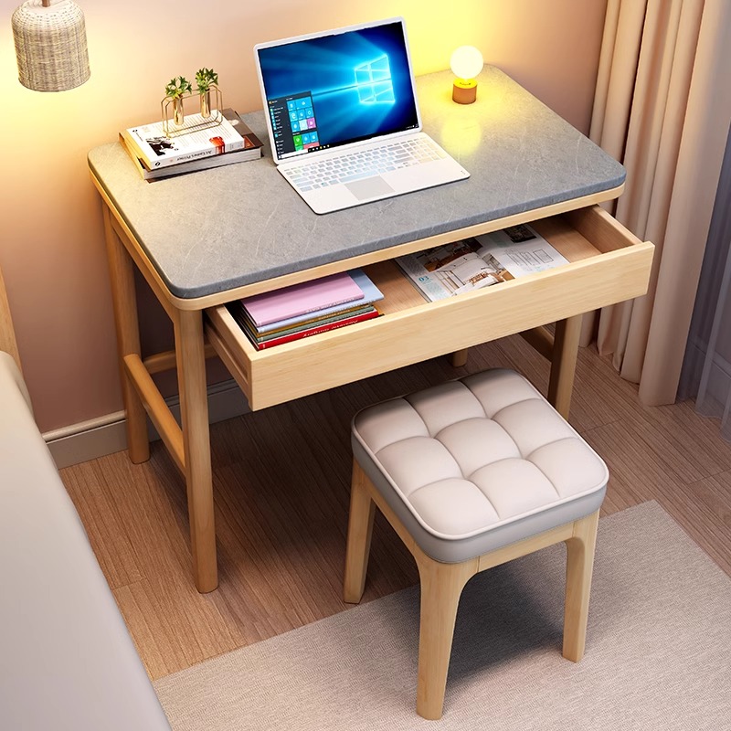 岩板全实木书桌简约卧室家用小户型写字桌60/70/80CM办公电脑桌椅