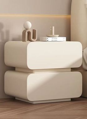 全实木床头柜极简整装收纳柜皮质床边柜奶油风简约现代小型卧室