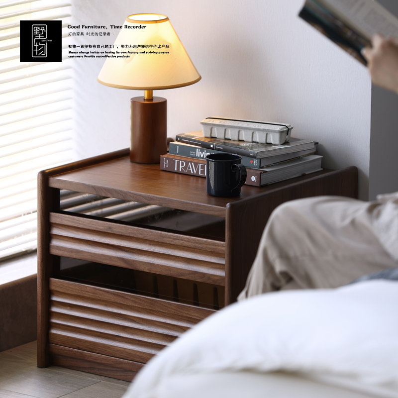 北欧全实木床头柜现代简约黑胡桃床边小柜子卧室原木储物柜收纳柜