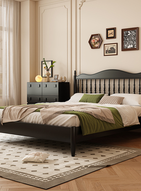 蓝色理想中古风实木床法式复古高端镂空简约1.8m卧室双人全实木床