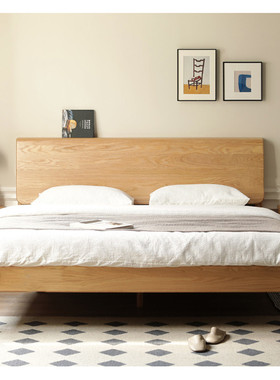 全实木床现代简约橡木床1.51.8米双人床北欧卧室家用原木斜靠大床