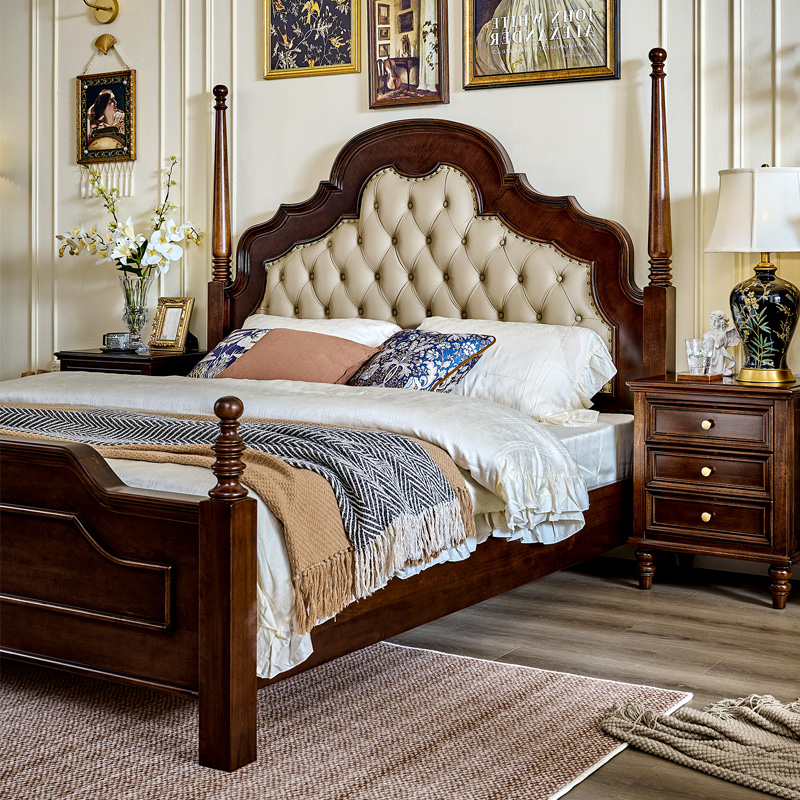 美式实木床纯全实木1米8床双人床主卧婚床真皮卧室女王床家具组合
