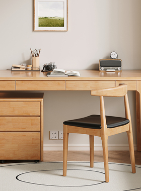全实木书桌ins北欧极简原木写字台卧室带抽屉办公桌靠墙电脑桌子