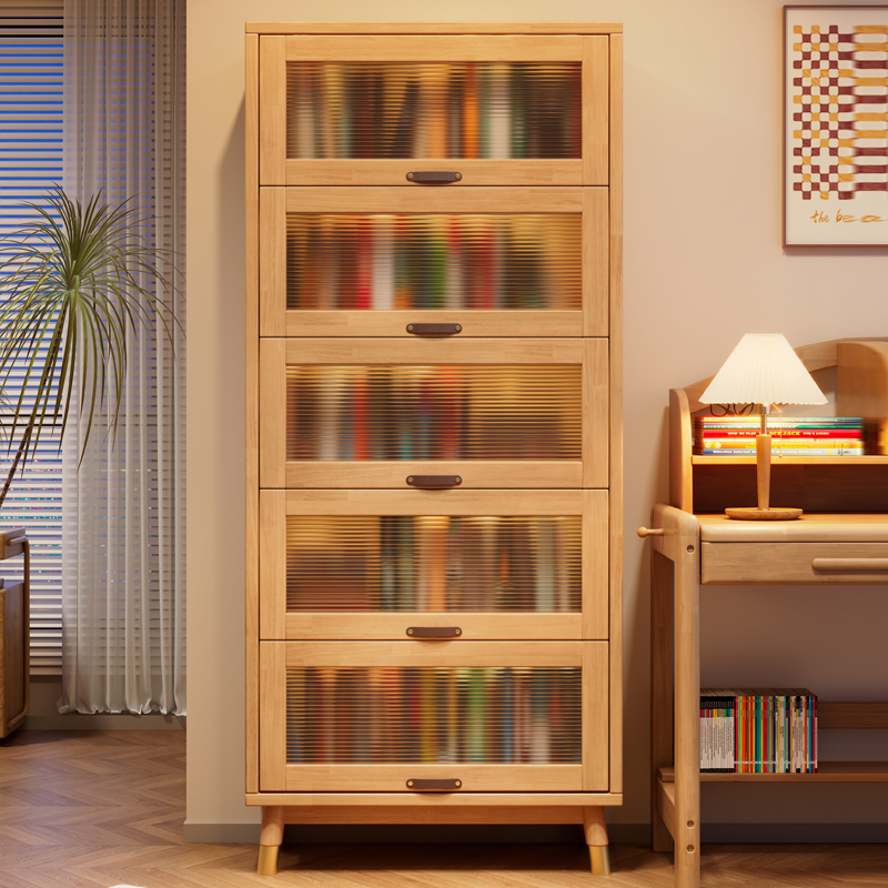 北欧全实木书柜组合书橱书架家用带玻璃门落地客厅卧室置物储物柜
