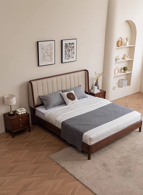 新中式乌金木床全实木真皮双人床轻奢卧室家具靠背实木婚床