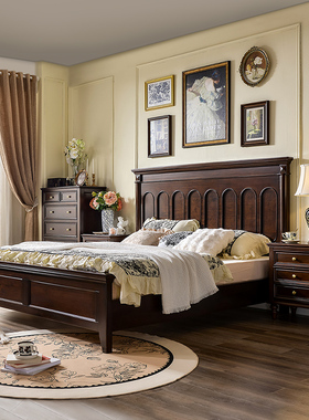 华丹妮美式纯全实木床复古主卧婚床高箱储物1.8米双人床卧室家具