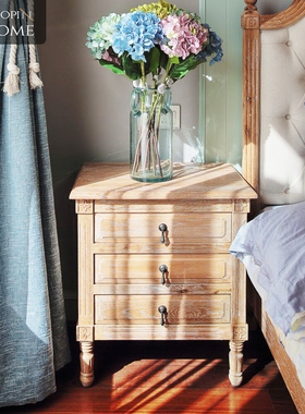 复古中古轻奢法式床头柜简约现代美式乡村卧室收纳柜全实木储物柜