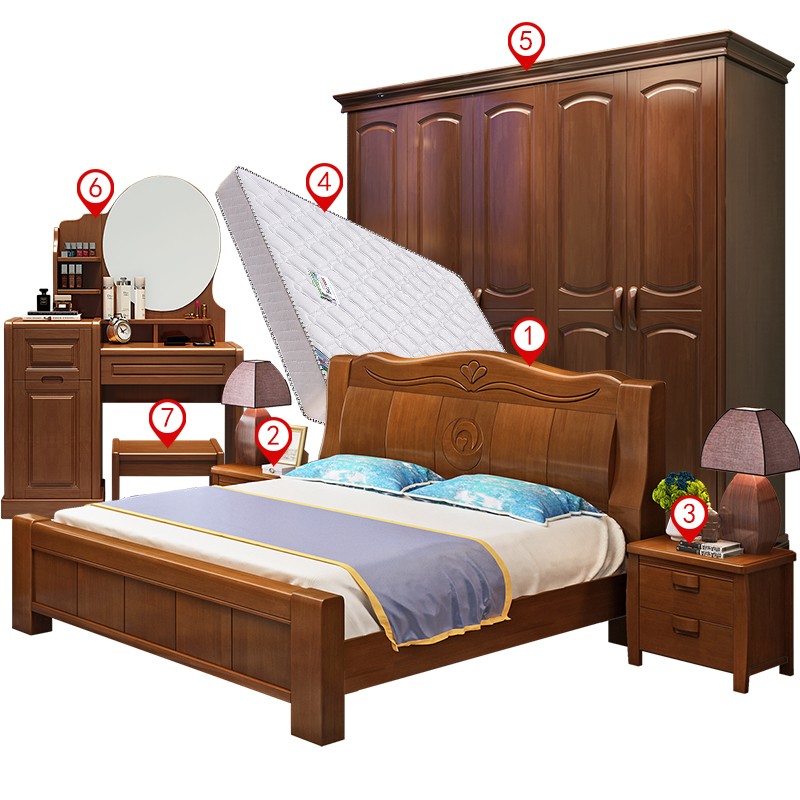卧室家具套装组合床衣柜梳妆台婚房主卧全屋成套T中式实木家私全