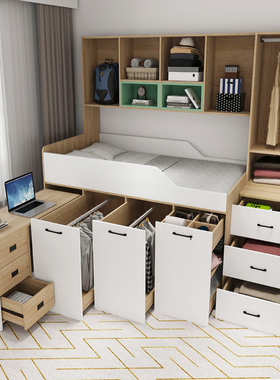 实木上床下衣柜带高箱小户型小卧室书桌一体组合多功能儿童半高床